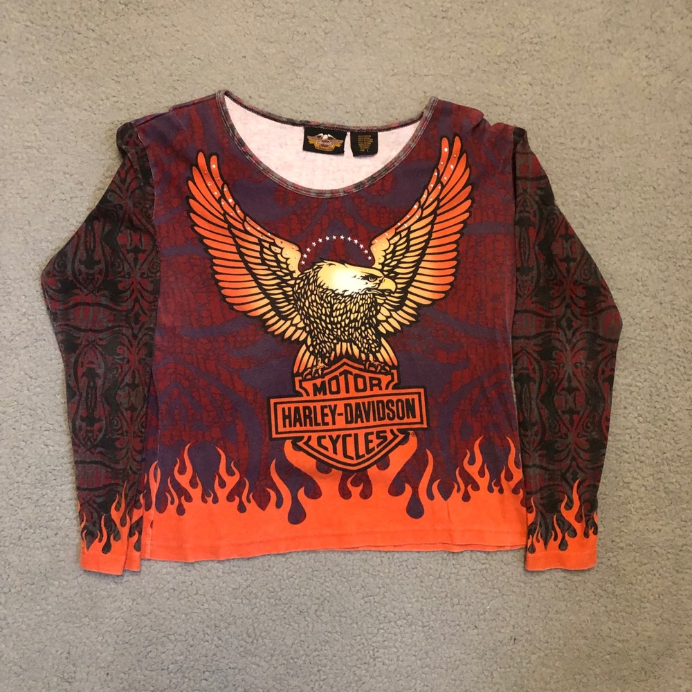 Vtg Harley Davidson Eagle Flame Graphic Long Sleeve Tee Shirt Rhinestone Large